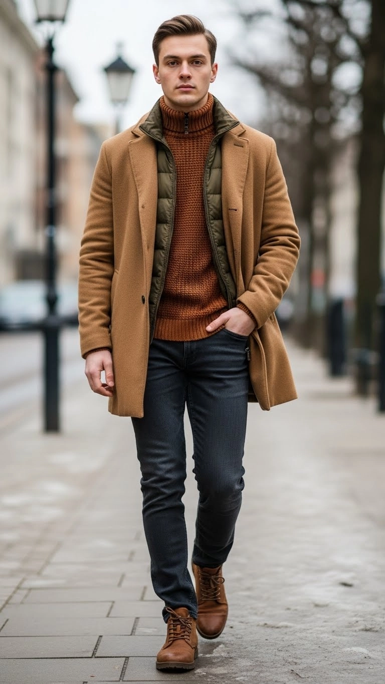 Man wearing earth-toned winter outfit, styled with 2025 winter outfits trends in a realistic city environment.