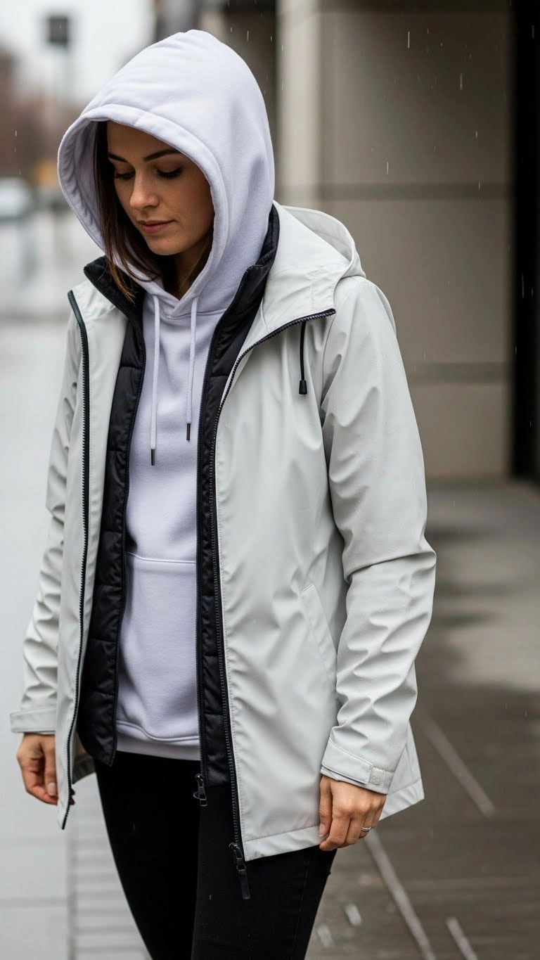 A person wearing a hoodie under a rain jacket as part of a rainy day outfit during light rain.