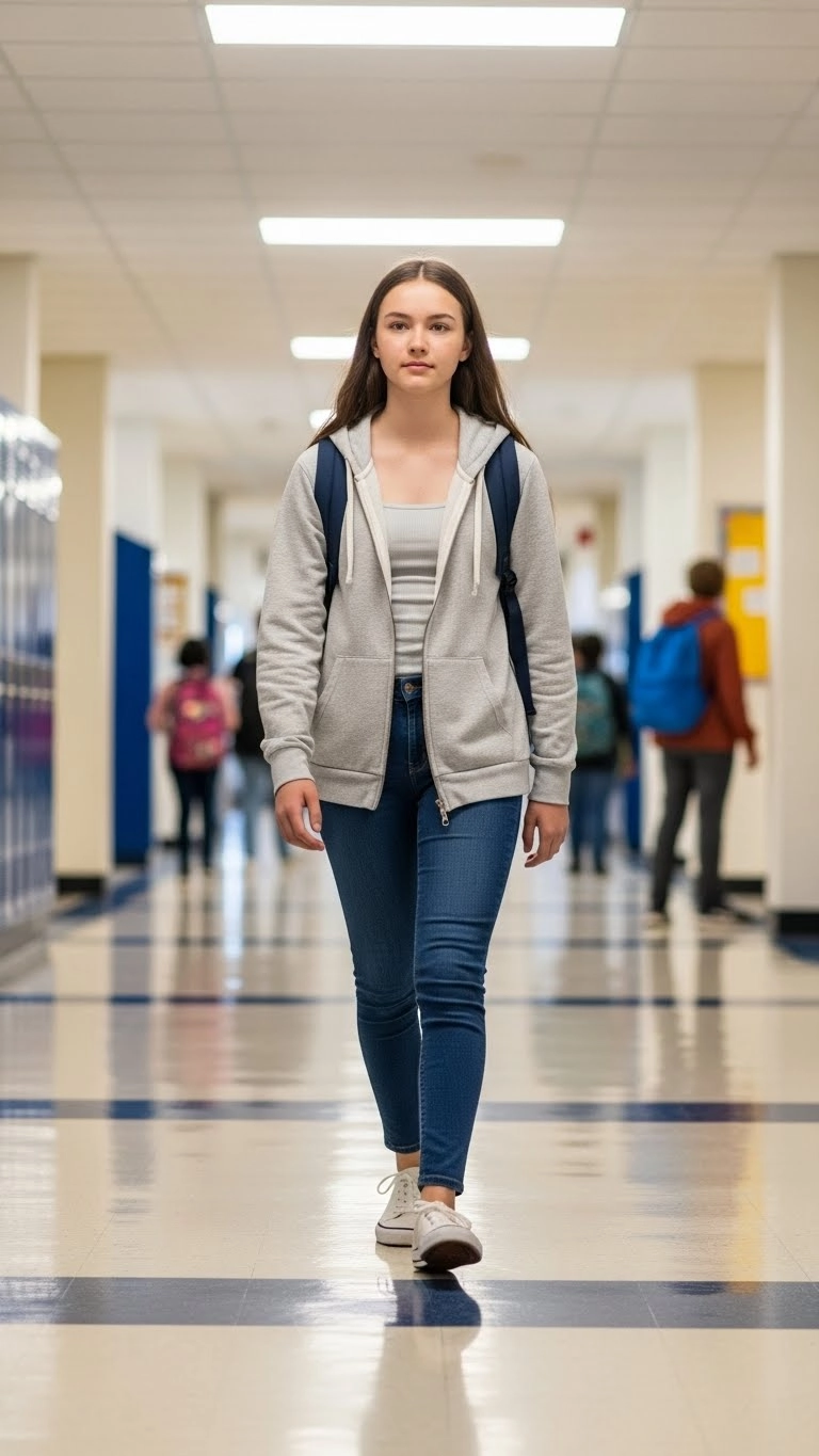 Student wearing a hoodie layered over a light tank as part of comfortable back to school outfits in a school hallway.