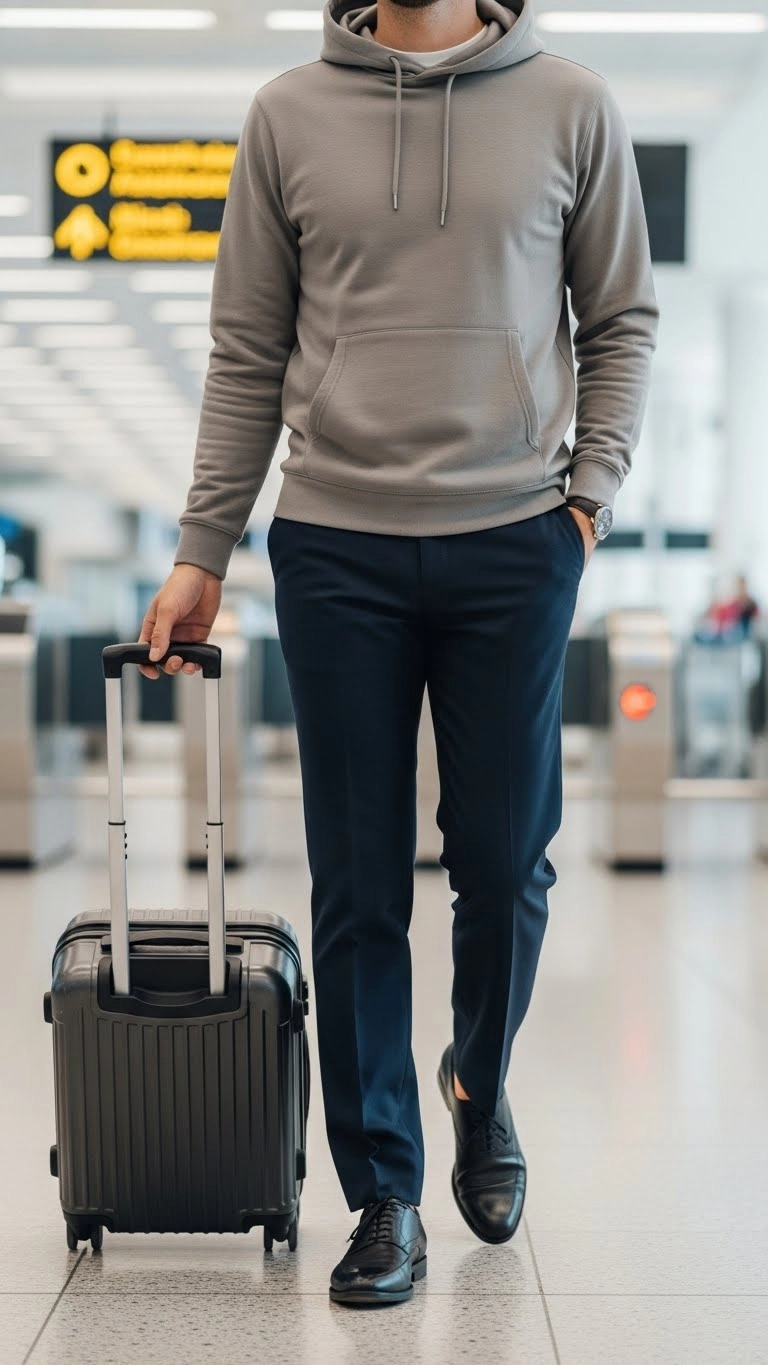 airport outfit with classic hoodie and tailored trousers worn by traveler walking through an airport terminal
