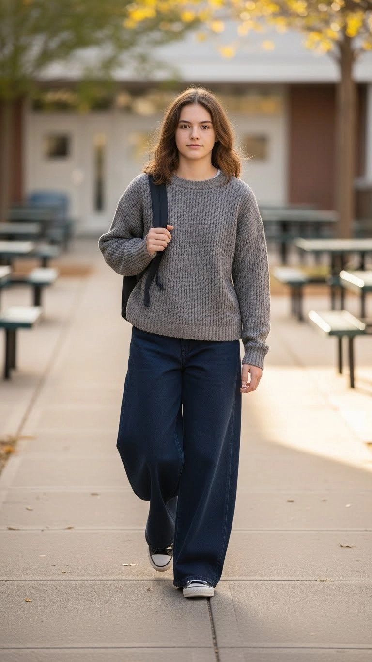 Student wearing a knit sweater with wide-leg pants as part of warm and simple back to school outfits in a school courtyard.