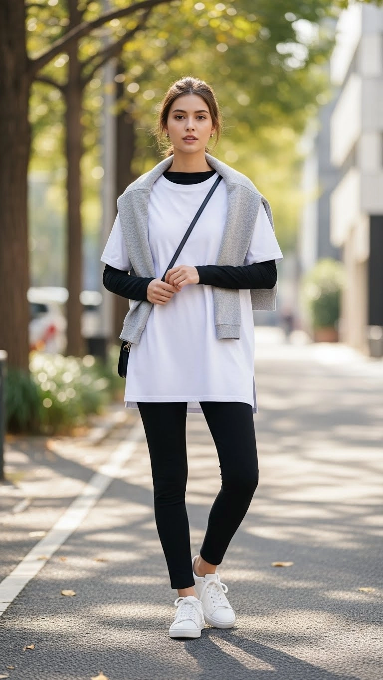 Young woman wearing a layered oversized t-shirt outfit over a long-sleeve top with leggings and sneakers in a city street setting.
