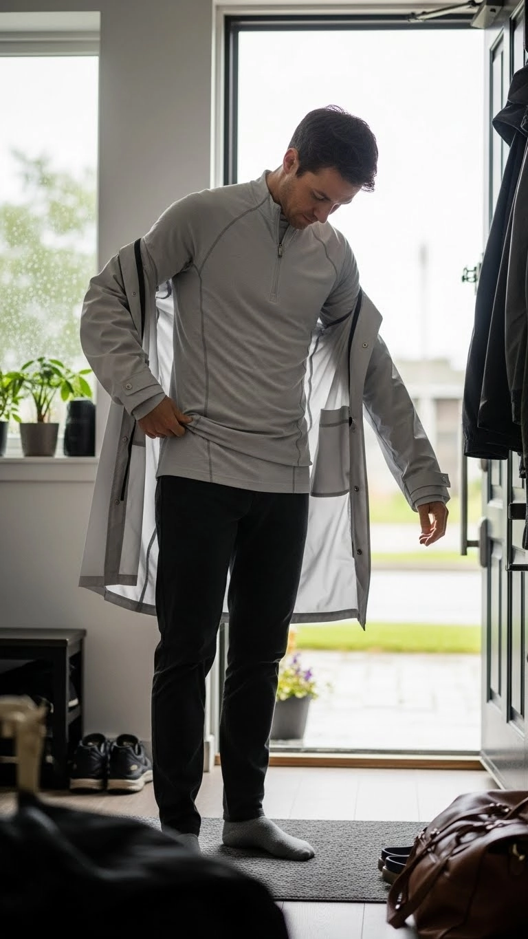 A person preparing a rainy day outfit by putting on thin layered clothing before adding a rain jacket.