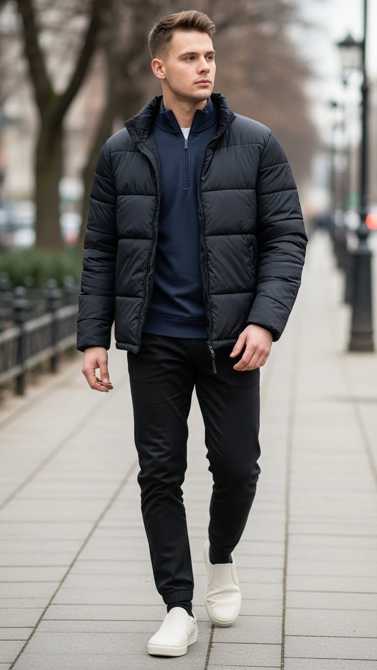 Man wearing a lightweight puffer jacket with casual pants, showcasing 2025 winter outfits trends in an urban winter setting.