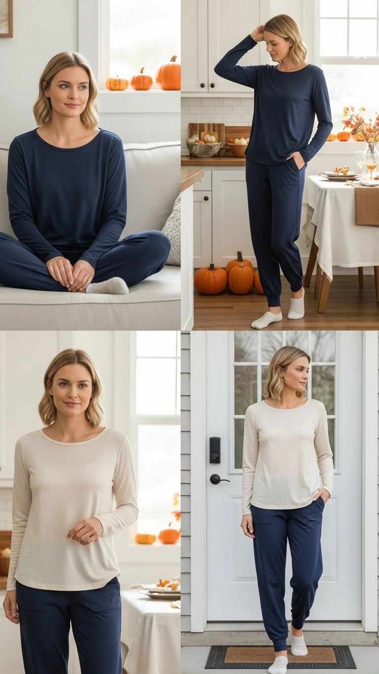 Woman wearing a long-sleeve top and relaxed pants at a quiet, restful Thanksgiving dinner.