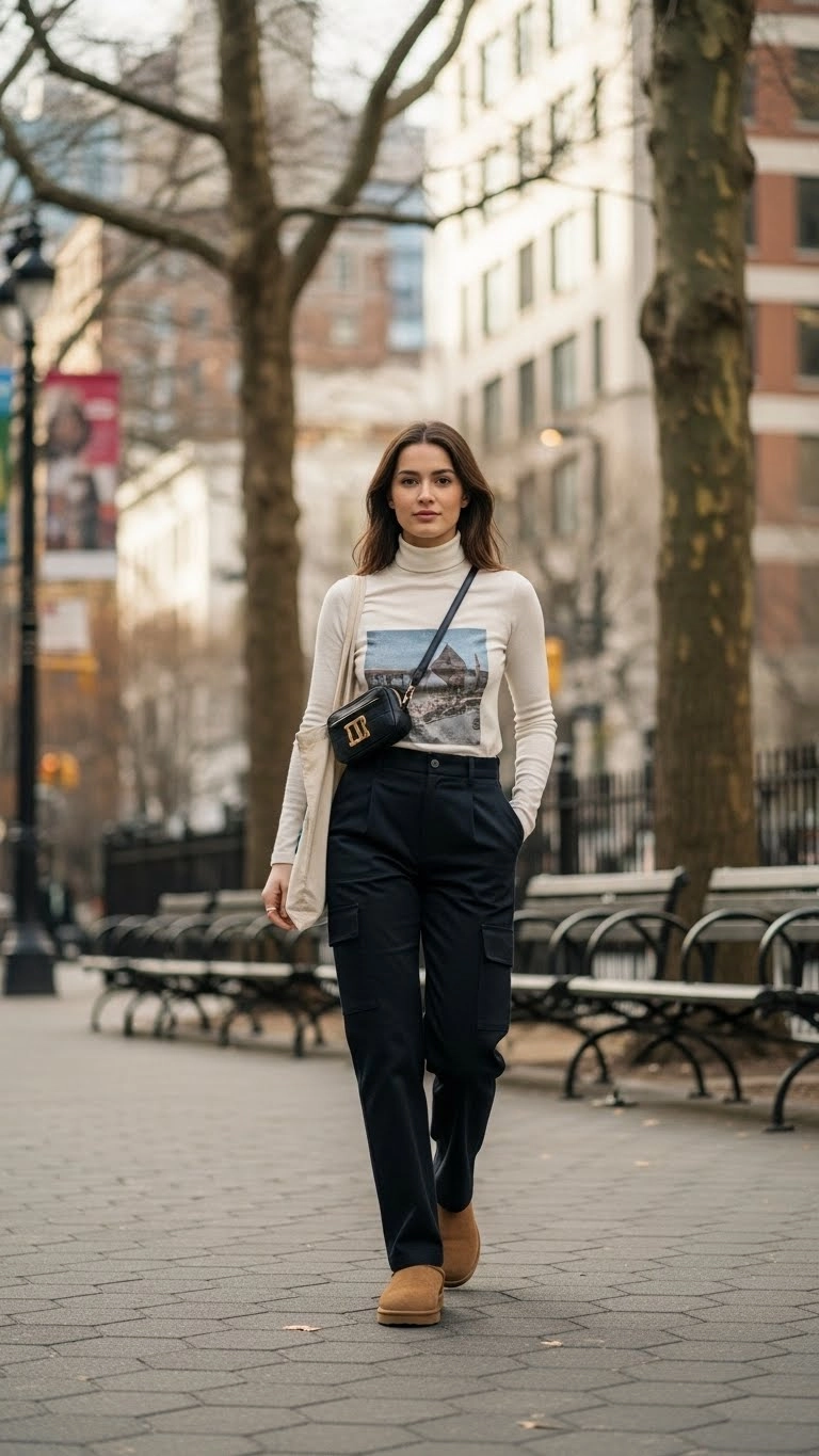 Woman wearing Lowmel UGGs with cargo pants and graphic tee walking in a park.