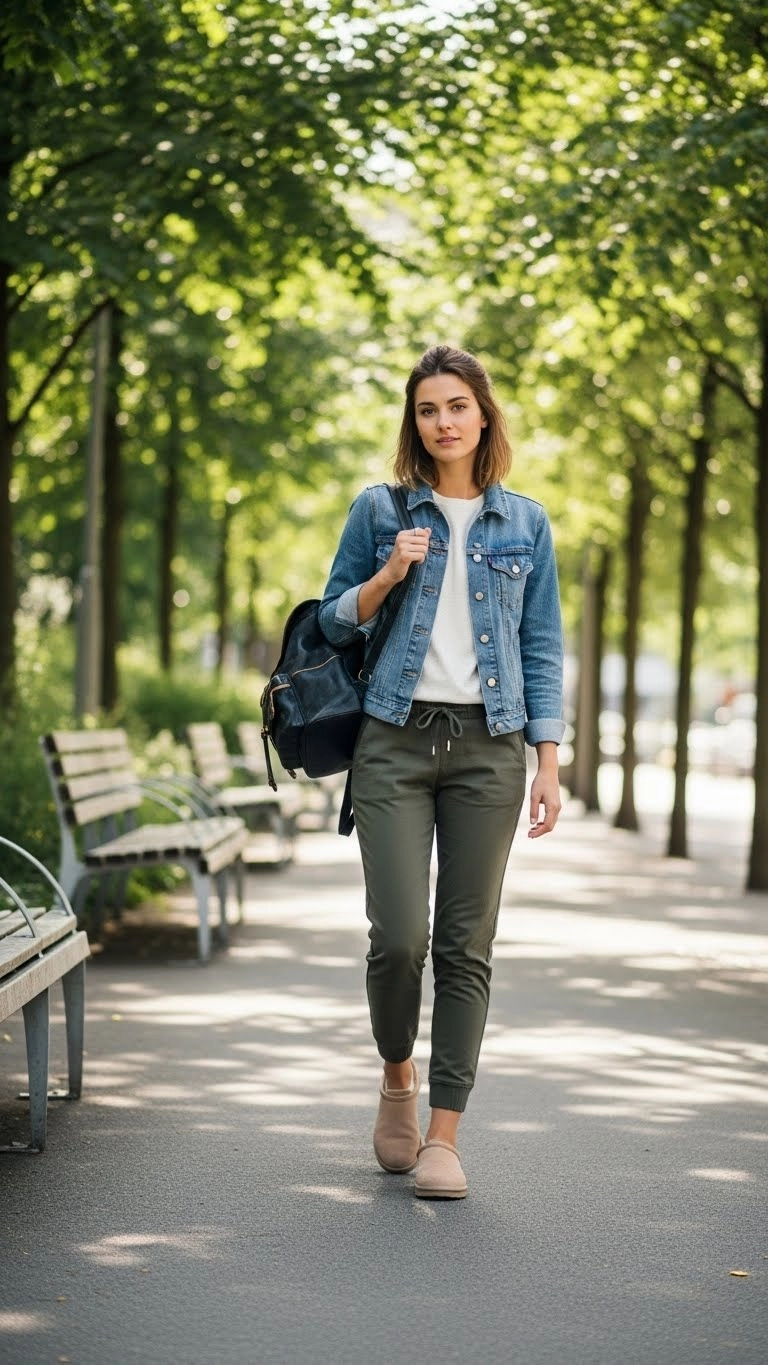 Woman wearing Lowmel UGGs with joggers and a denim jacket walking outdoors.