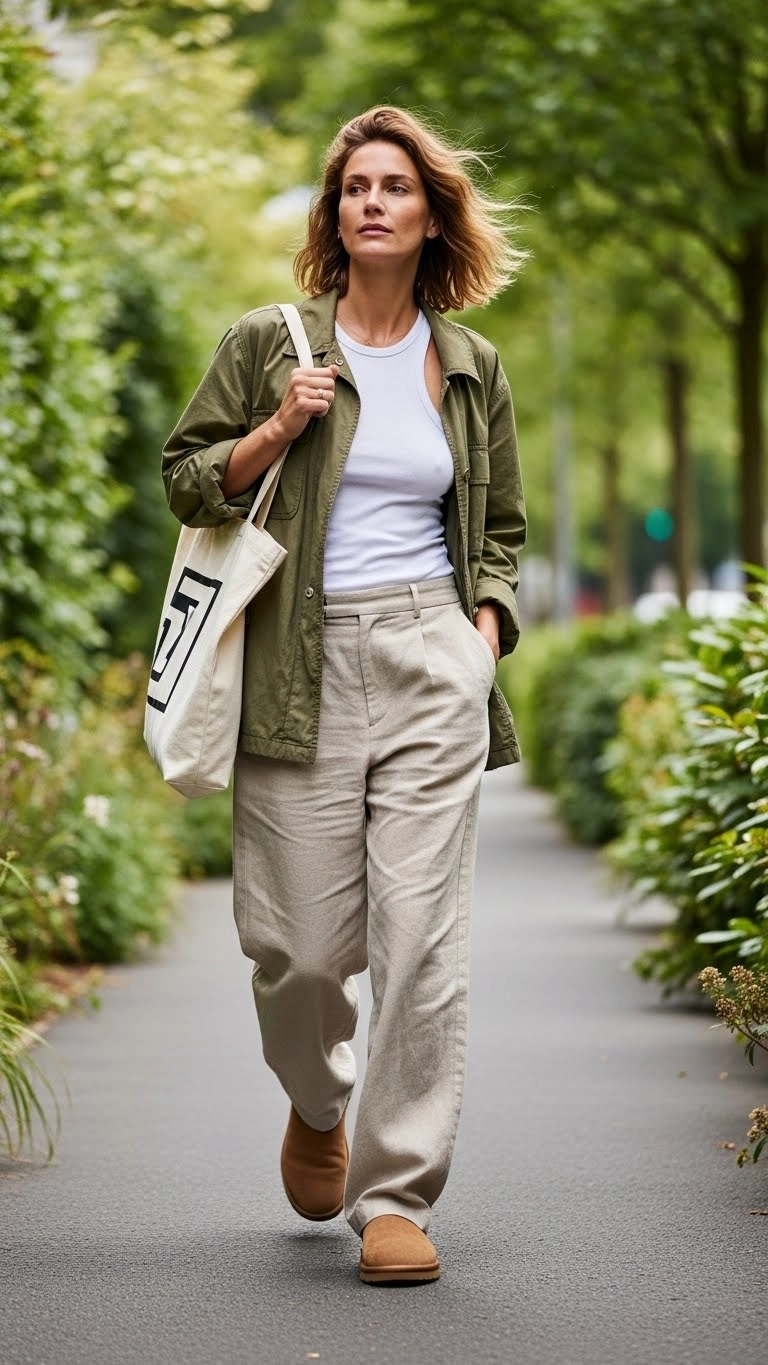 Woman wearing Lowmel UGGs with linen pants, tank, and light jacket walking outdoors.