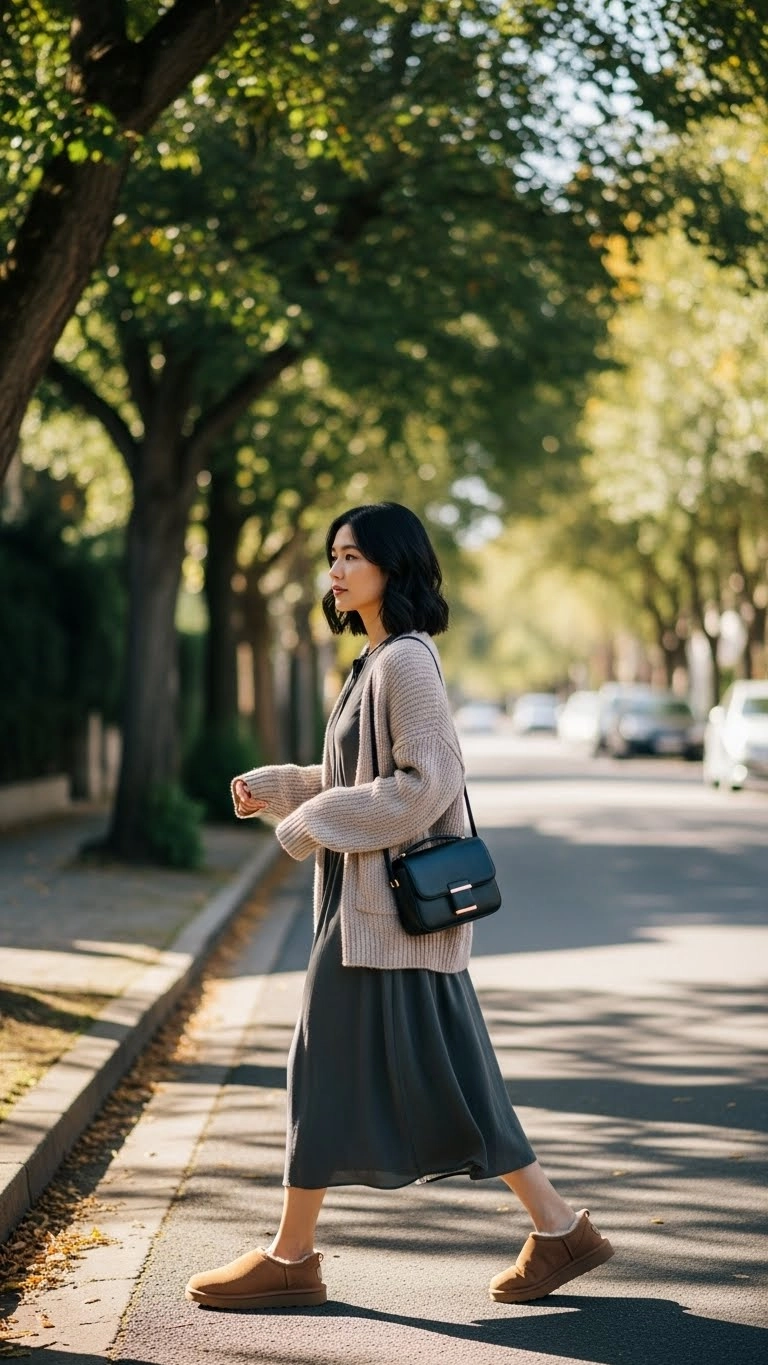 Woman wearing a Lowmel UGGs outfit with a midi dress and cozy cardigan walking outdoors.