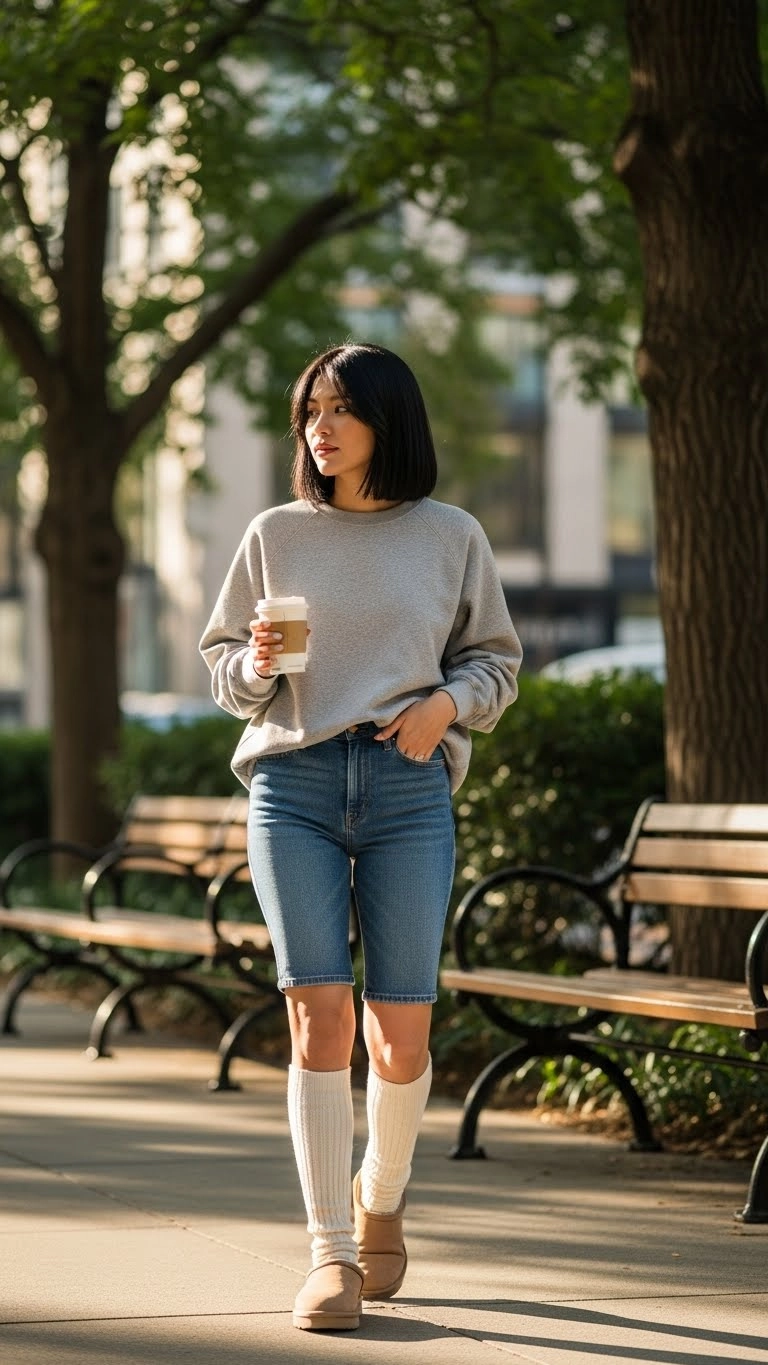 Woman wearing a Lowmel UGGs outfit with shorts, long socks, and crewneck sweatshirt walking outdoors.