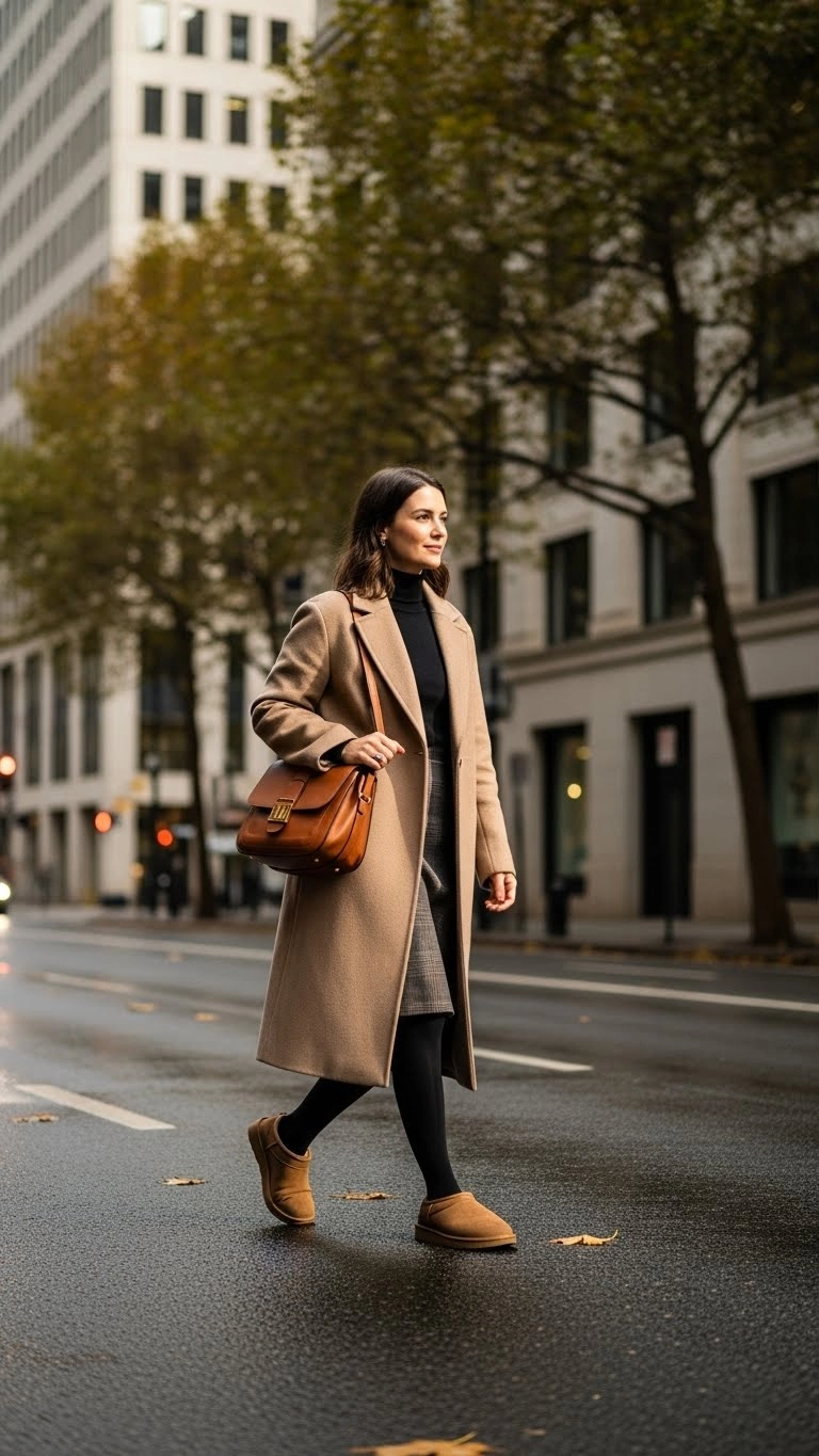 Woman wearing Lowmel UGGs outfit with skirt, tights, and a long coat walking in a city street.