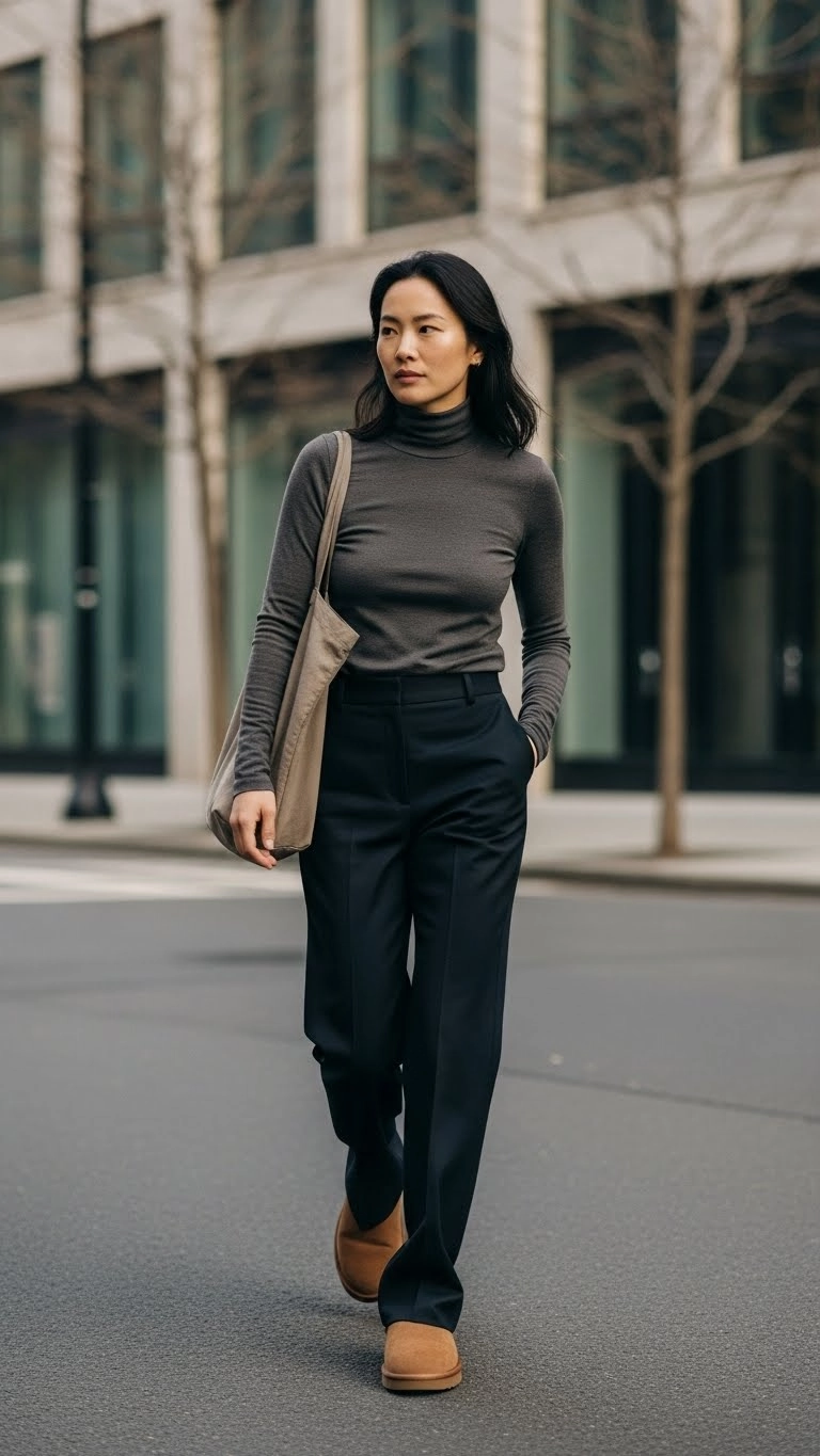 Woman wearing Lowmel UGGs with straight-leg trousers and turtleneck walking outdoors.