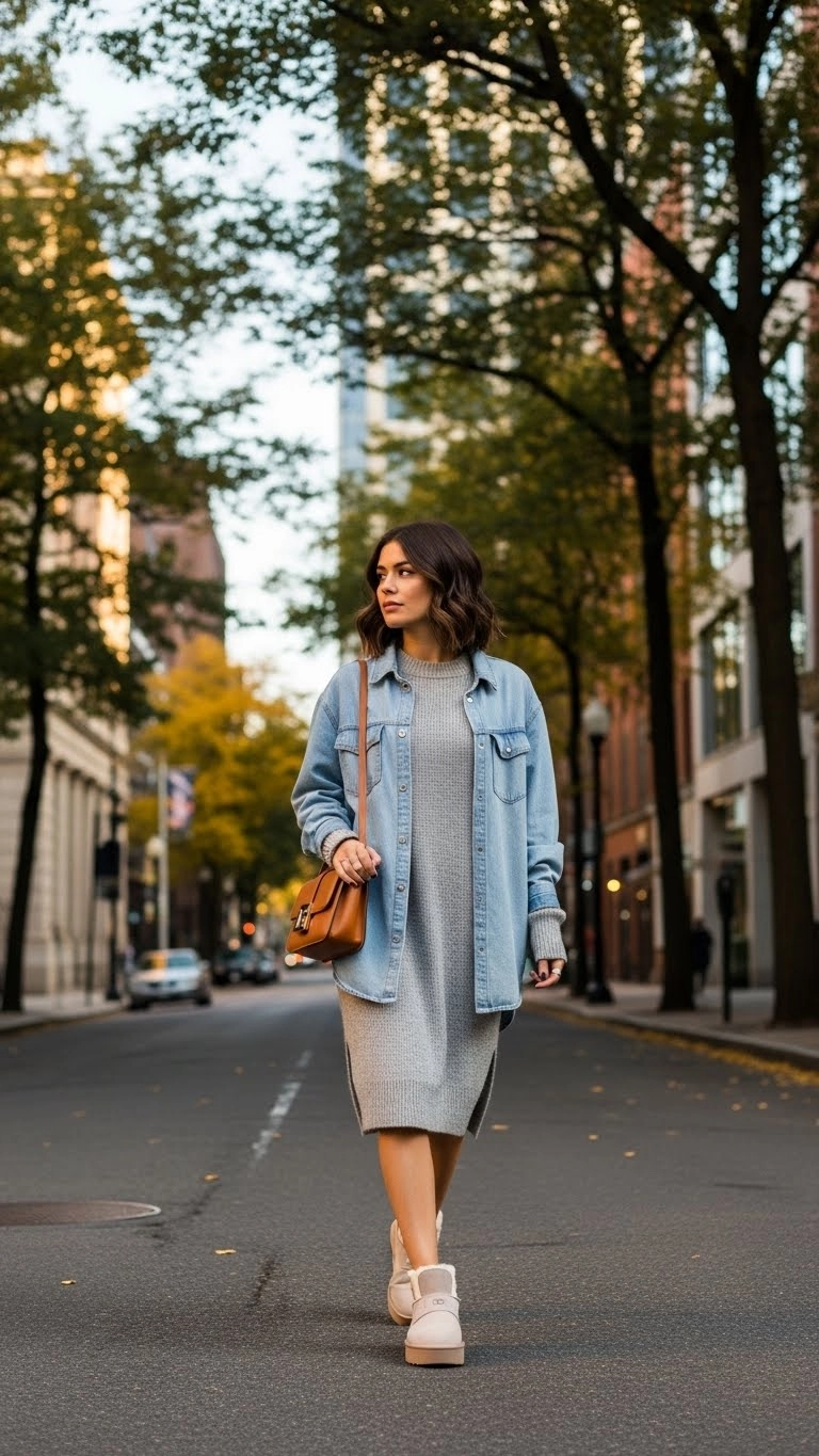 Woman wearing Lowmel UGGs with sweater dress and oversized shirt walking outdoors.