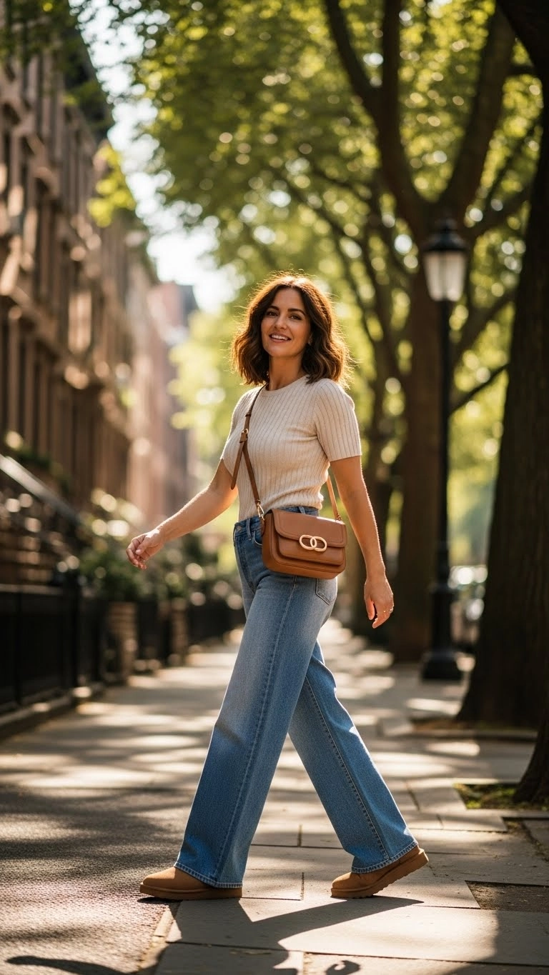 Woman wearing Lowmel UGGs with wide-leg jeans and fitted top walking outdoors.