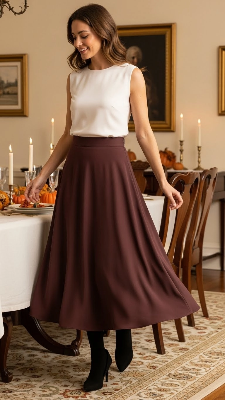 Woman wearing a midi skirt with a clean top at a traditional Thanksgiving dinner.