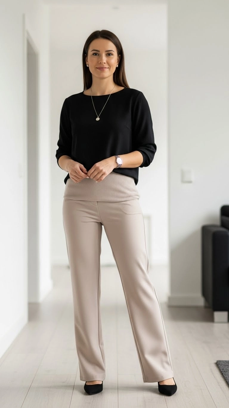 A woman wearing a full monochrome outfit in a clean indoor setting, showing modern birthday outfit ideas for women.