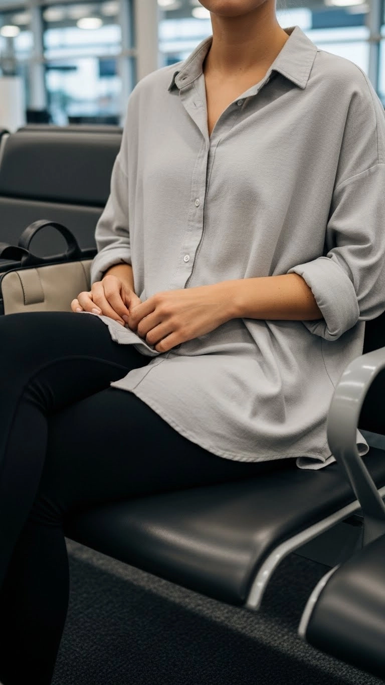 airport outfit with oversized button-down shirt and leggings worn by traveler sitting in an airport waiting area