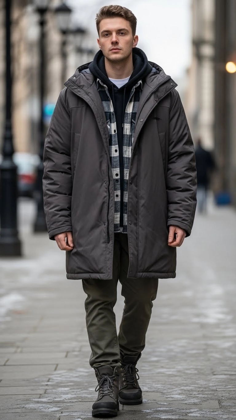 Young man wearing oversized outerwear layered over a hoodie, showcasing 2025 winter outfits trends in a city setting.