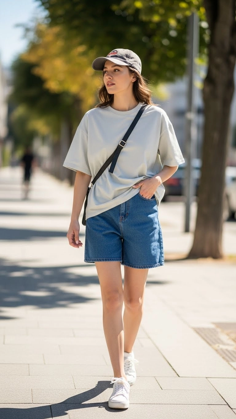 Young woman wearing an oversized t-shirt outfit with denim shorts, sneakers, and a baseball cap in a sunny urban setting.