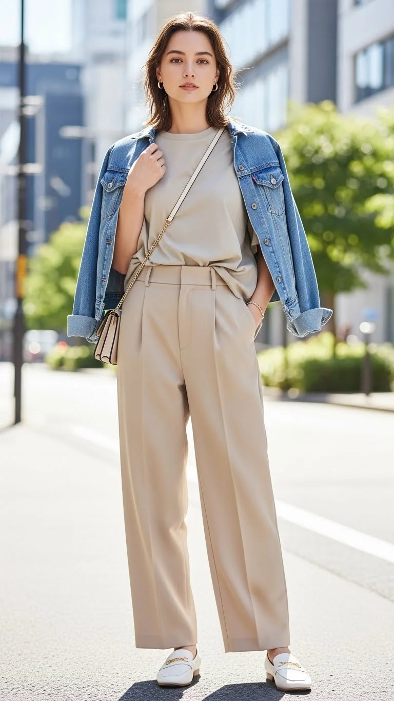 Young woman wearing an oversized t-shirt outfit with wide-leg pants, loafers, and a denim jacket in a city street setting.