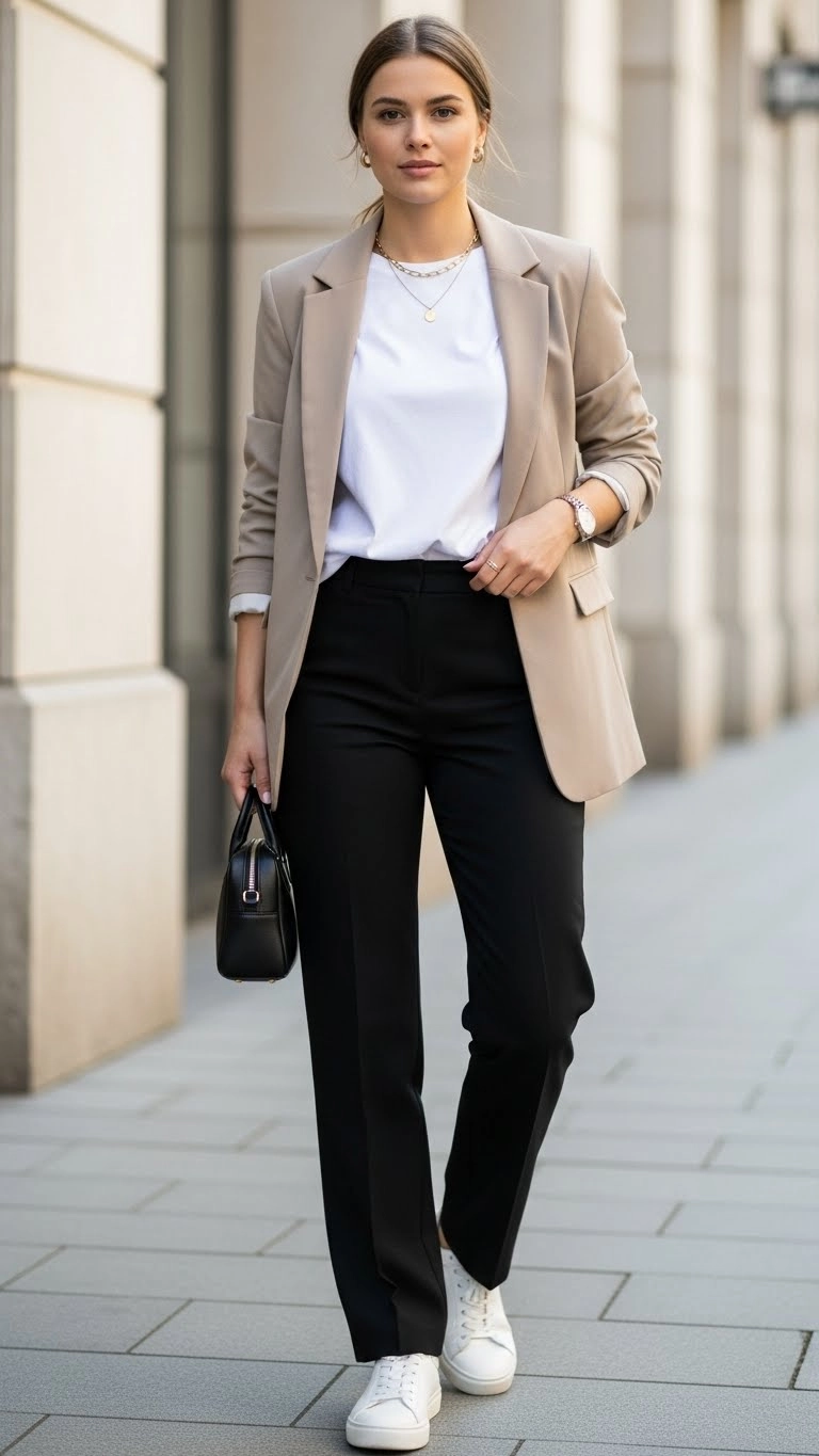 Young woman wearing an oversized t-shirt outfit with a blazer, straight-leg trousers, and sneakers in a smart-casual office setting.
