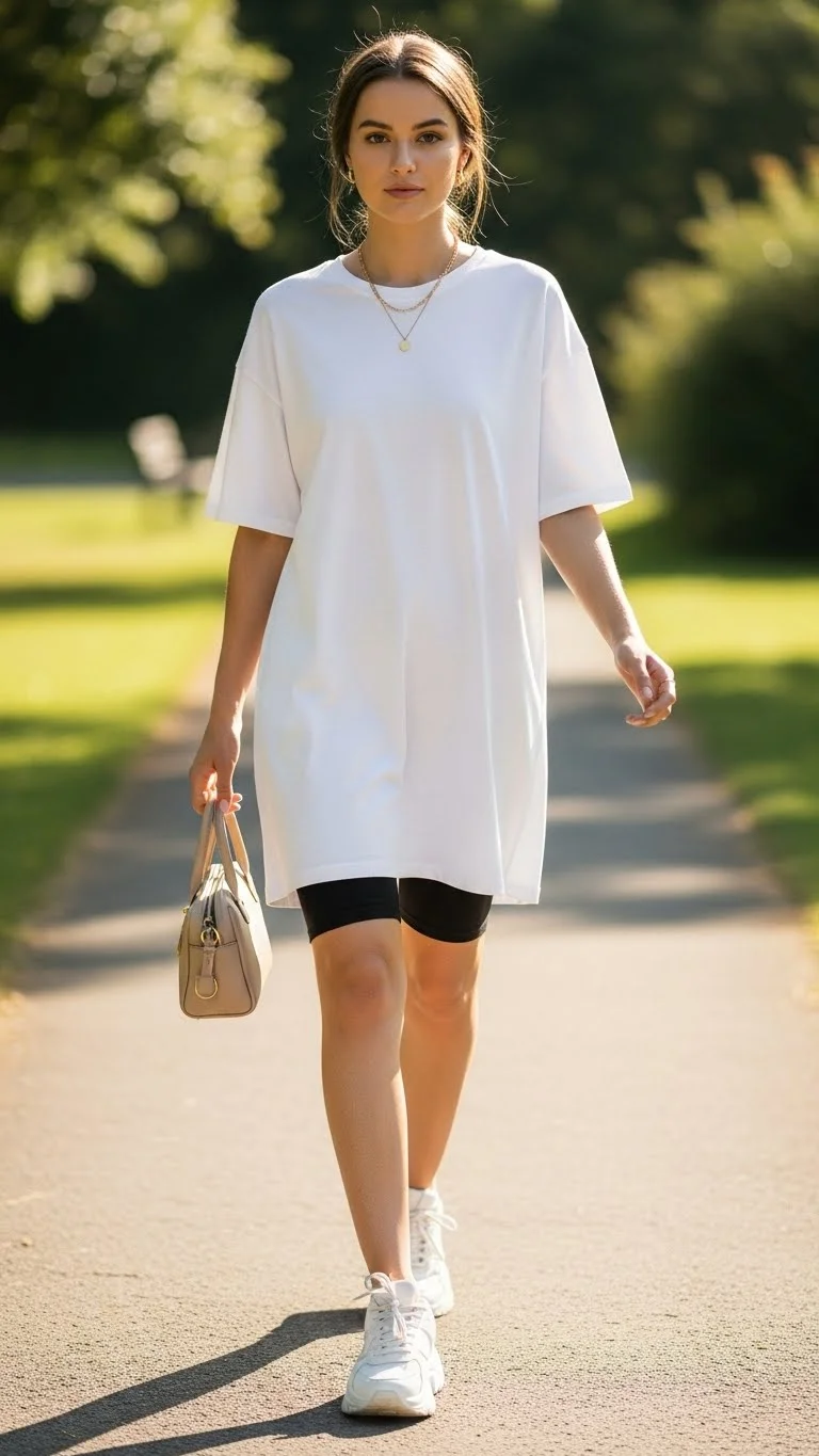 Young woman wearing an oversized t-shirt outfit as a dress with biker shorts, sneakers, and a small handbag in a sunny park setting.