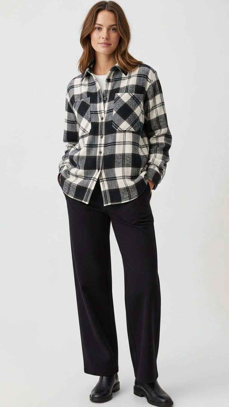 Woman wearing a plaid shirt and straight-leg pants at a Christmas party, showing a simple and warm style for christmas party outfits.