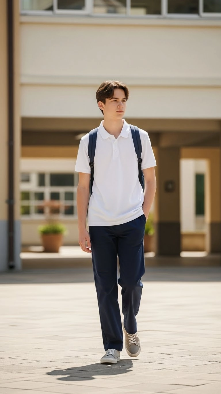 Teen student wearing a clean polo and straight-leg pants as part of neat back to school outfits on a school courtyard.