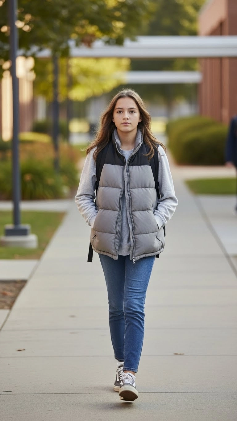 Student wearing a puffer vest over a long-sleeve top as part of warm and simple back to school outfits on a school campus.