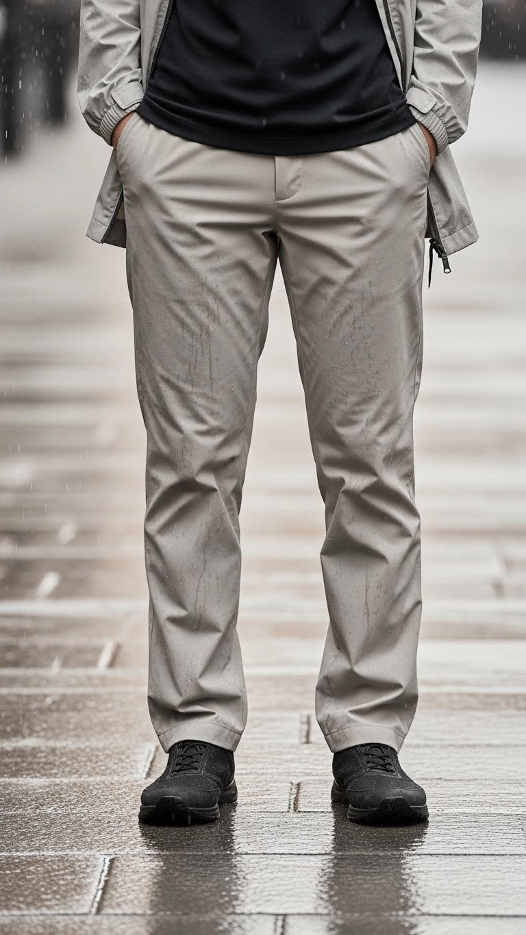 A person wearing quick-dry pants as part of a rainy day outfit while standing on a wet city sidewalk.