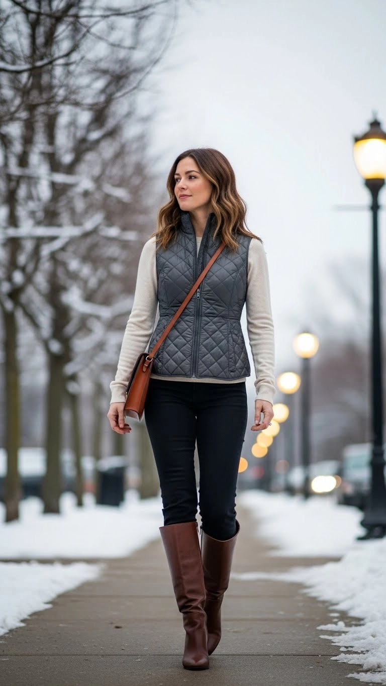 Quilted vest layered winter outfit 2025 women wear for comfort and warmth.