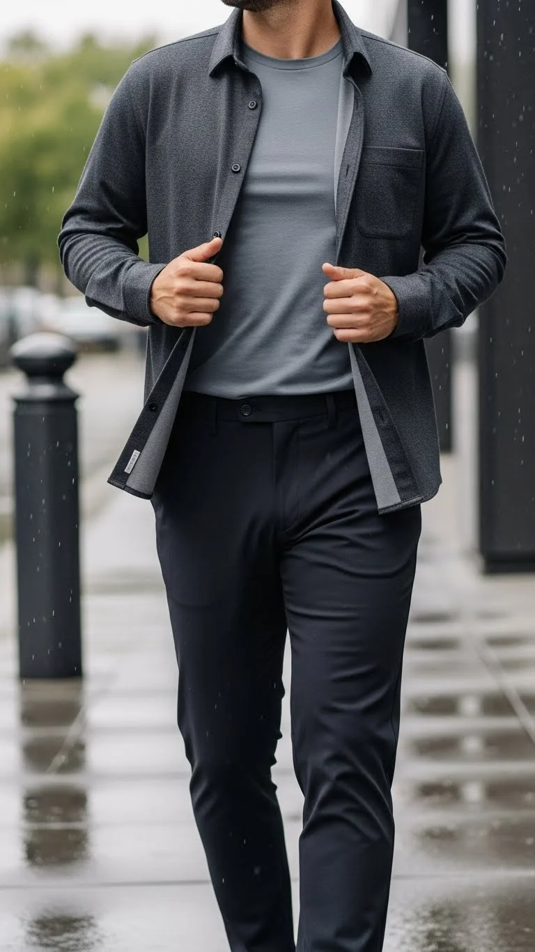 Rain-ready shirt with breathable trousers as smart rainy day outfit ideas for office and meetings