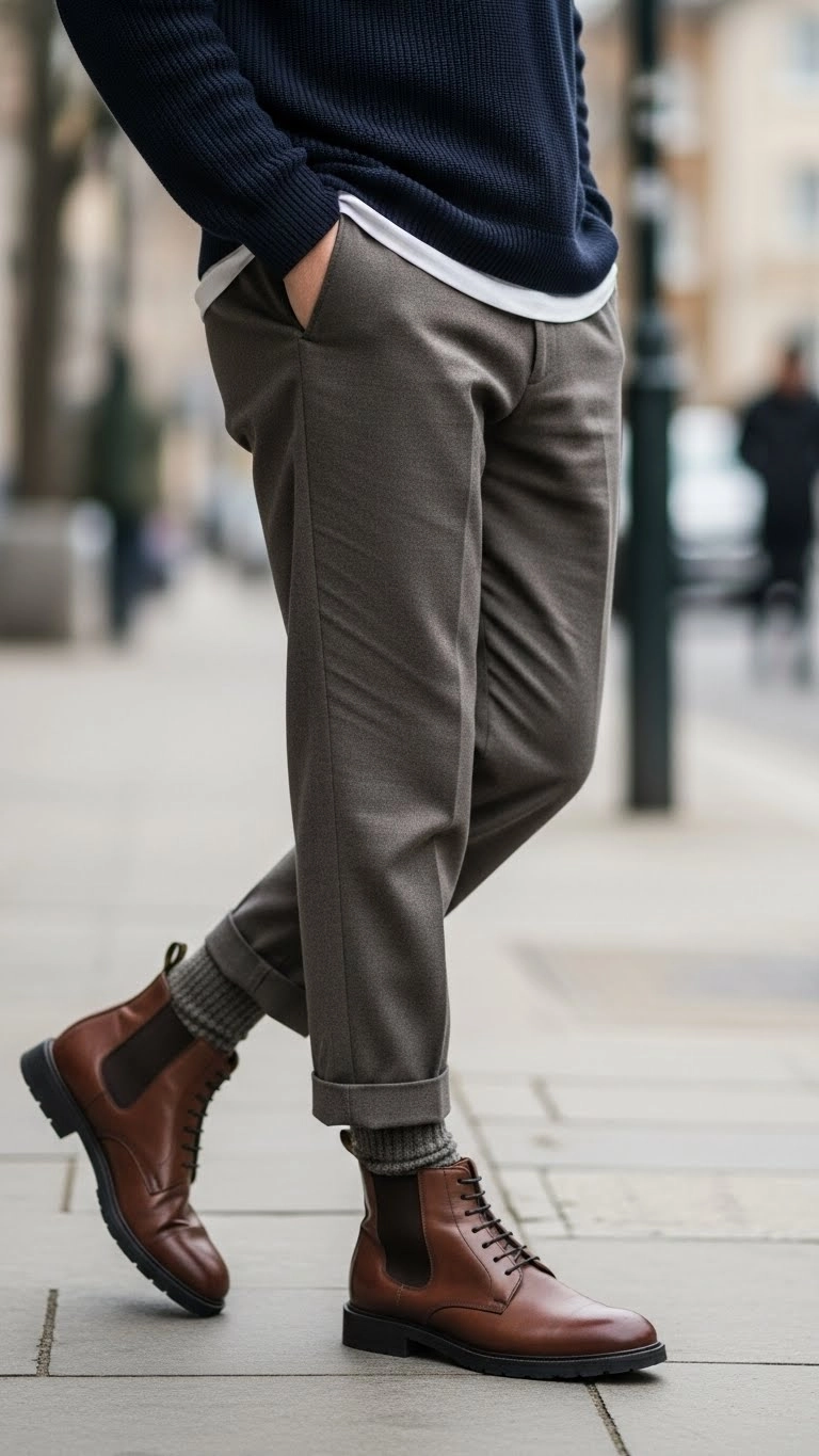 Young man wearing relaxed-fit trousers with boots, styled as part of 2025 winter outfits trends in a city setting.