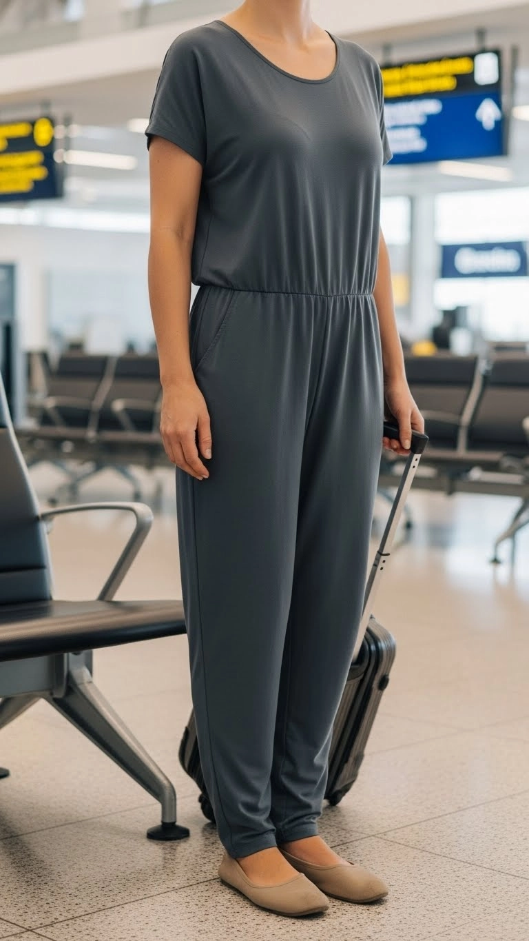 airport outfit with a relaxed stretch jumpsuit worn by traveler standing near a boarding gate