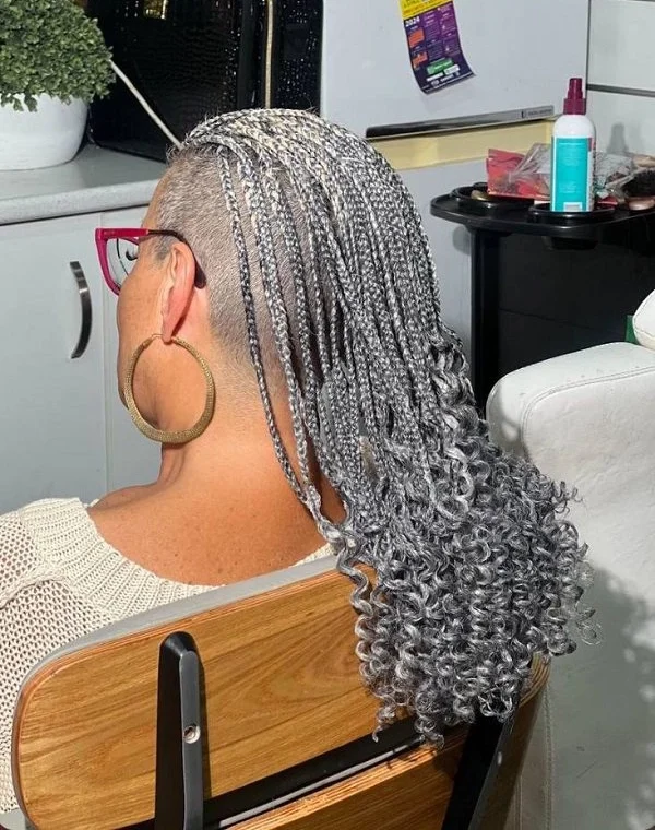 Shaved Sides with Silver Box Braids & Curly Ends