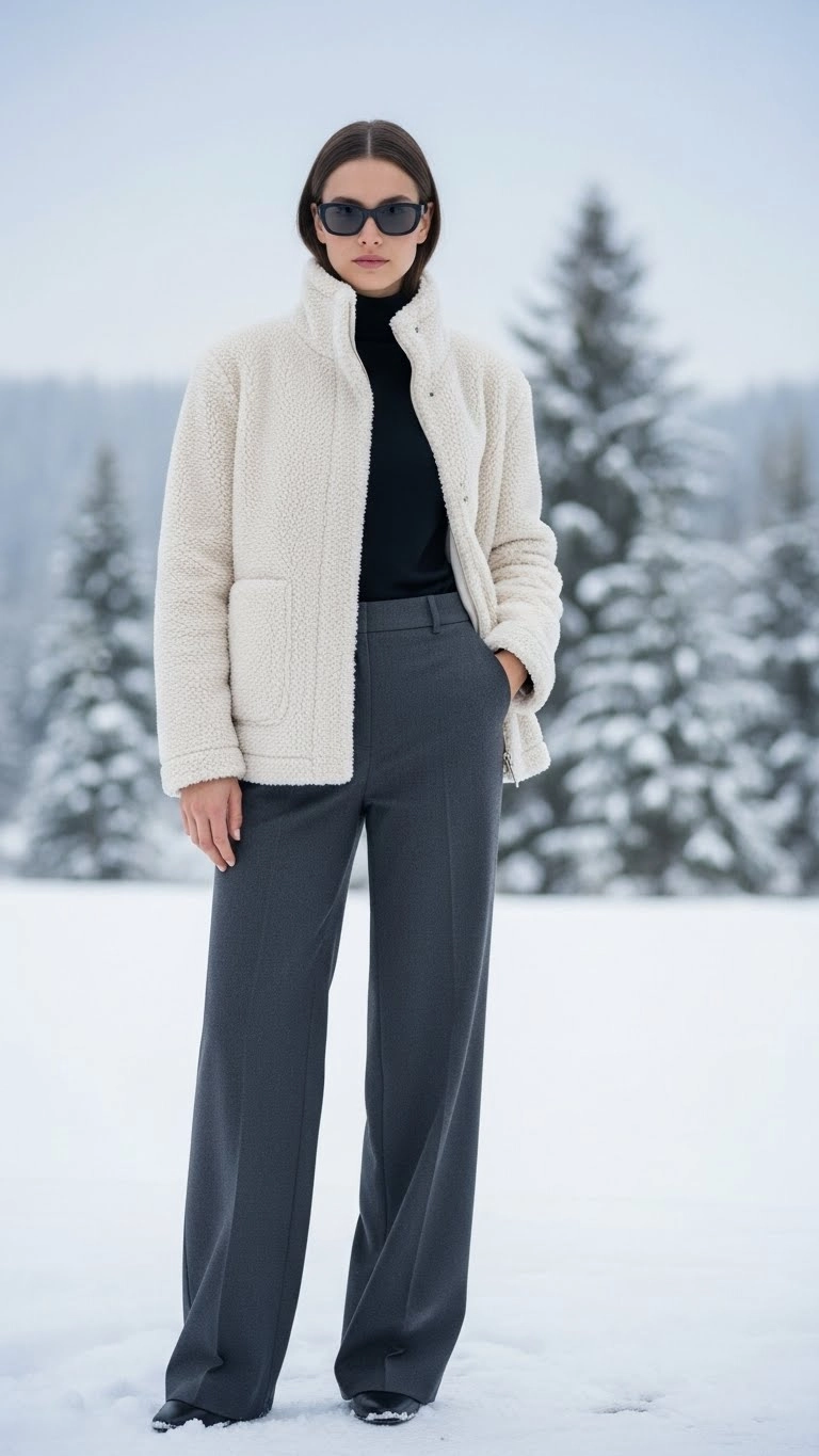 Sherpa jacket and wide leg trousers styled as a trendy winter outfit 2025 women love.