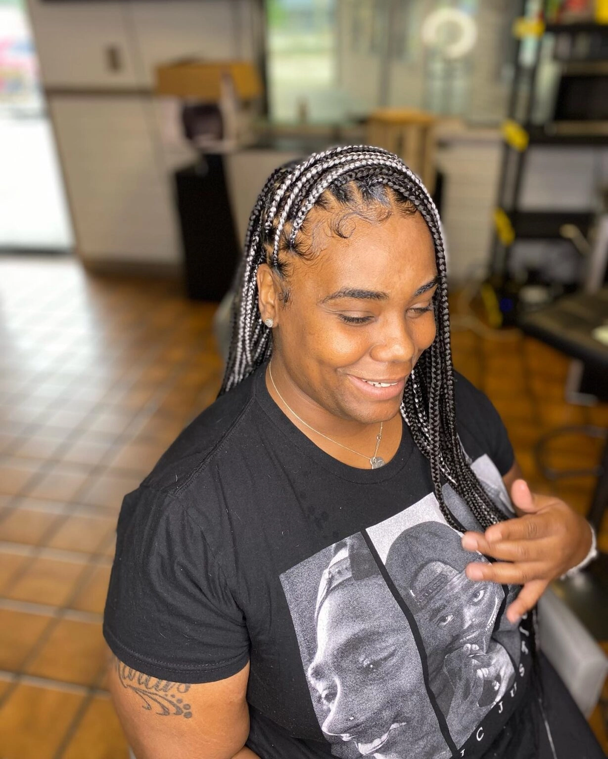 Silver-Accented Box Braids with Sleek Edges