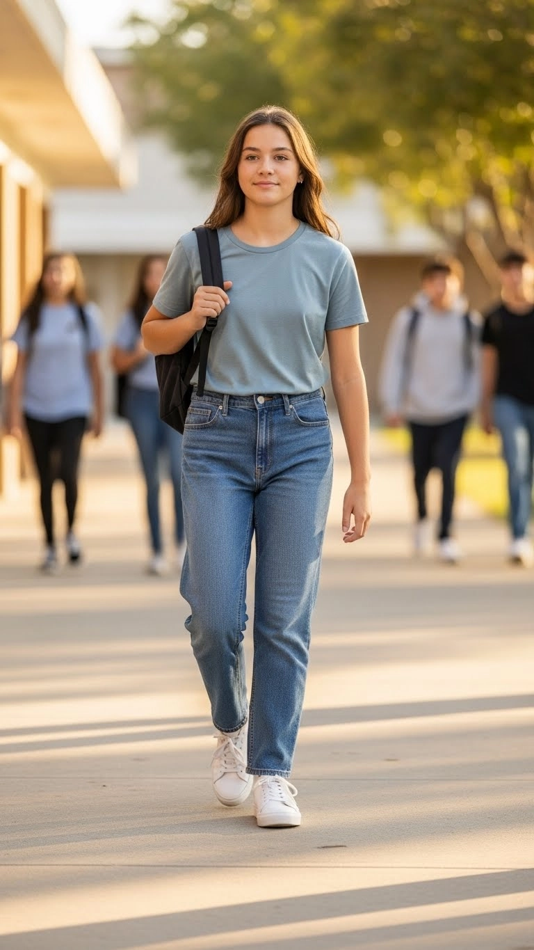 Teen student wearing a soft tee and relaxed jeans as part of simple back to school outfits on a campus walkway.