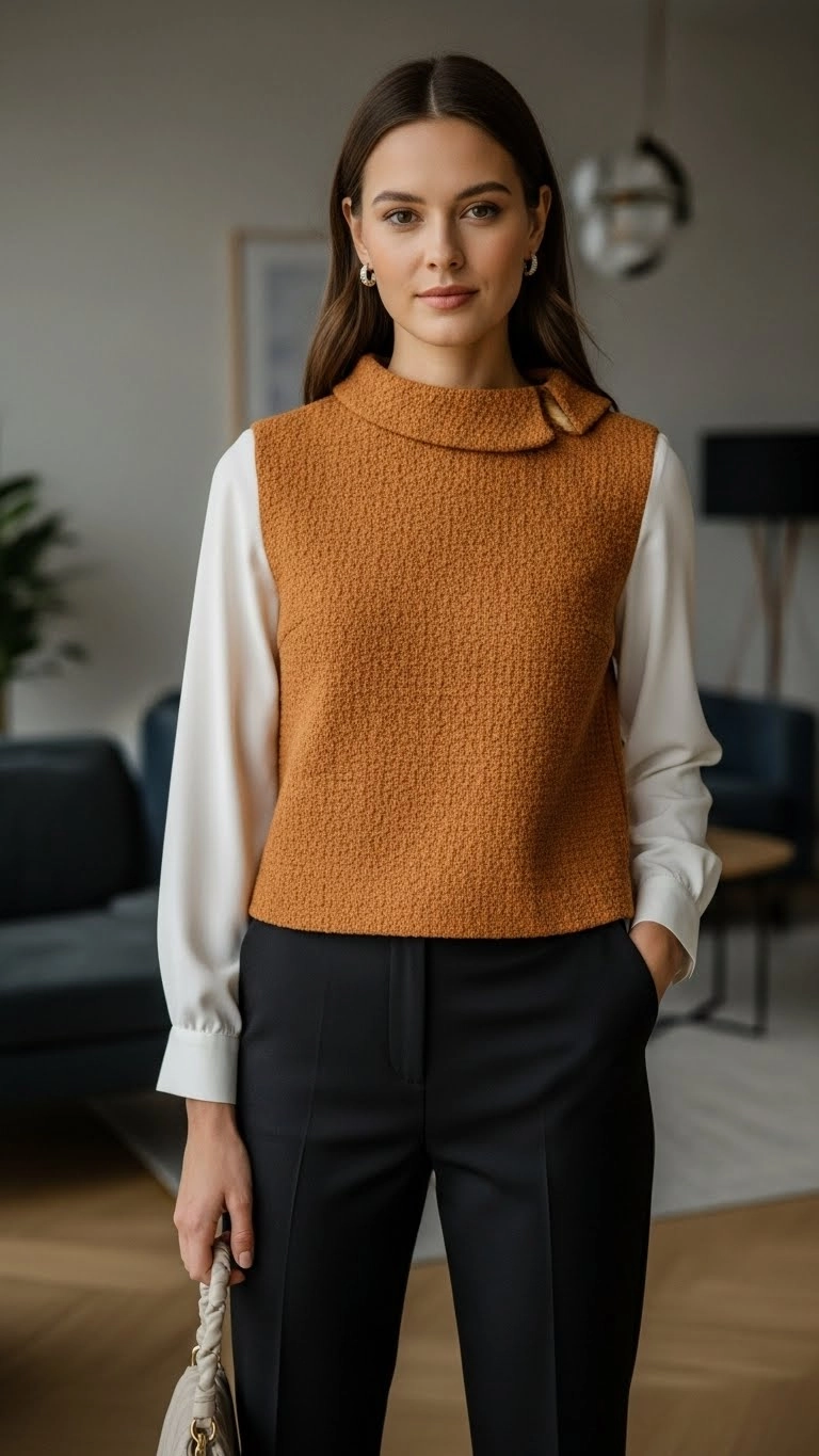 A woman wearing a bold statement top with neutral bottoms in a modern indoor space, showing balanced birthday outfit ideas for women.