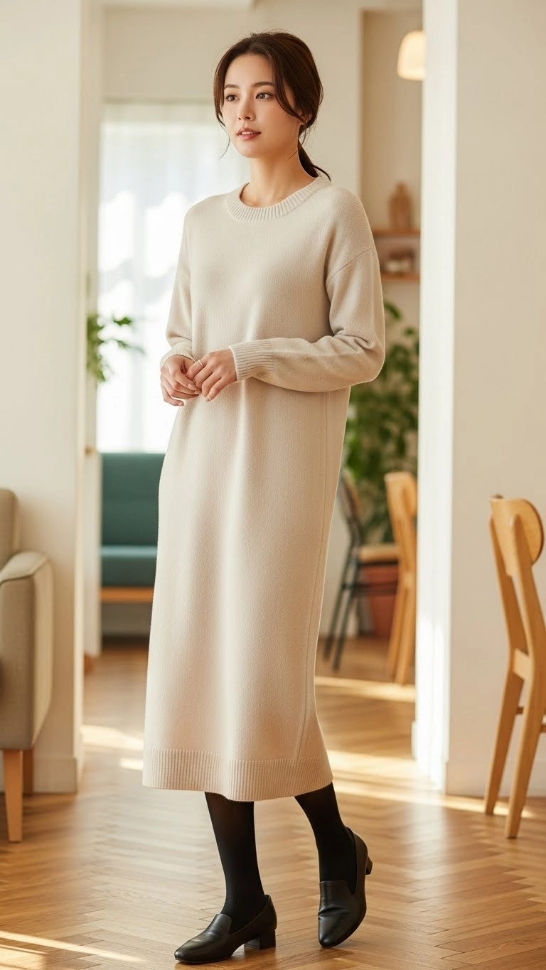 Woman wearing a sweater dress indoors, showing stylish sweater outfits that are simple, comfortable, and naturally flattering.