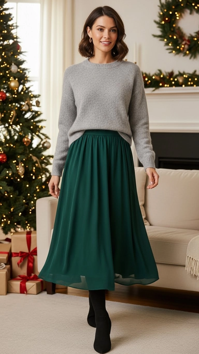 Woman wearing a soft sweater and midi skirt at a Christmas party, showing a balanced and cozy style for christmas party outfits.