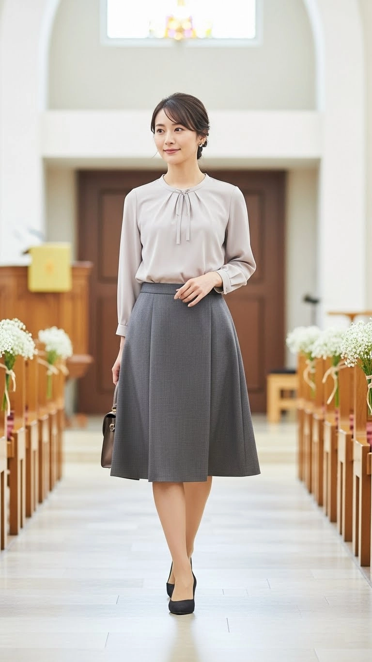 Tailored skirt and blouse styled modestly as classic church outfit ideas for a polished and respectful church look.