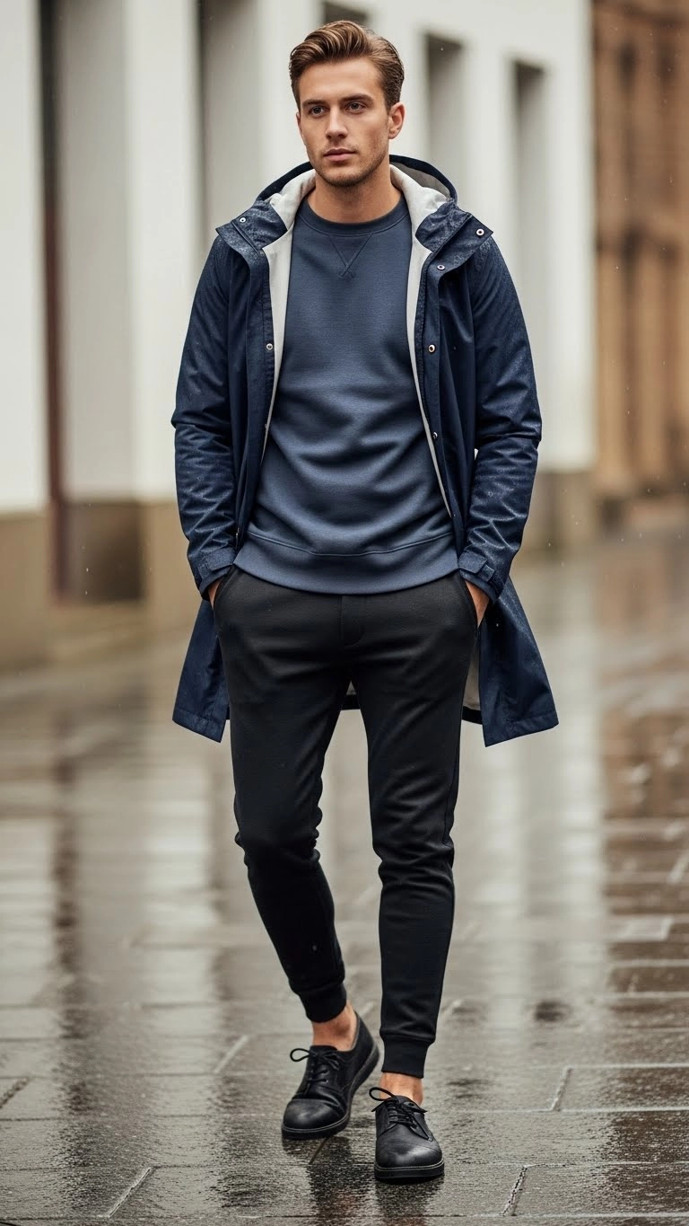 The Casual Sweatshirt Look with Smart Protection

Rainy weather often comes with cooler air. A light sweatshirt can be a good option if you layer it correctly. The mistake people make is wearing thick cotton sweatshirts that soak water quickly.

A better approach is choosing a sweatshirt with a tighter weave and wearing a thin water-resistant layer over it. This combination traps warmth without holding moisture. Pair it with fitted joggers or tapered pants that stay above the ankle to avoid splash marks.

Footwear plays a big role here. Shoes with a firm sole and good grip prevent slipping on wet surfaces. Avoid soft fabric shoes that absorb water.

This outfit feels relaxed and is ideal for travel days, casual outings, or working from home with short outdoor breaks. It keeps you warm without feeling bulky and still looks neat enough for public spaces.
