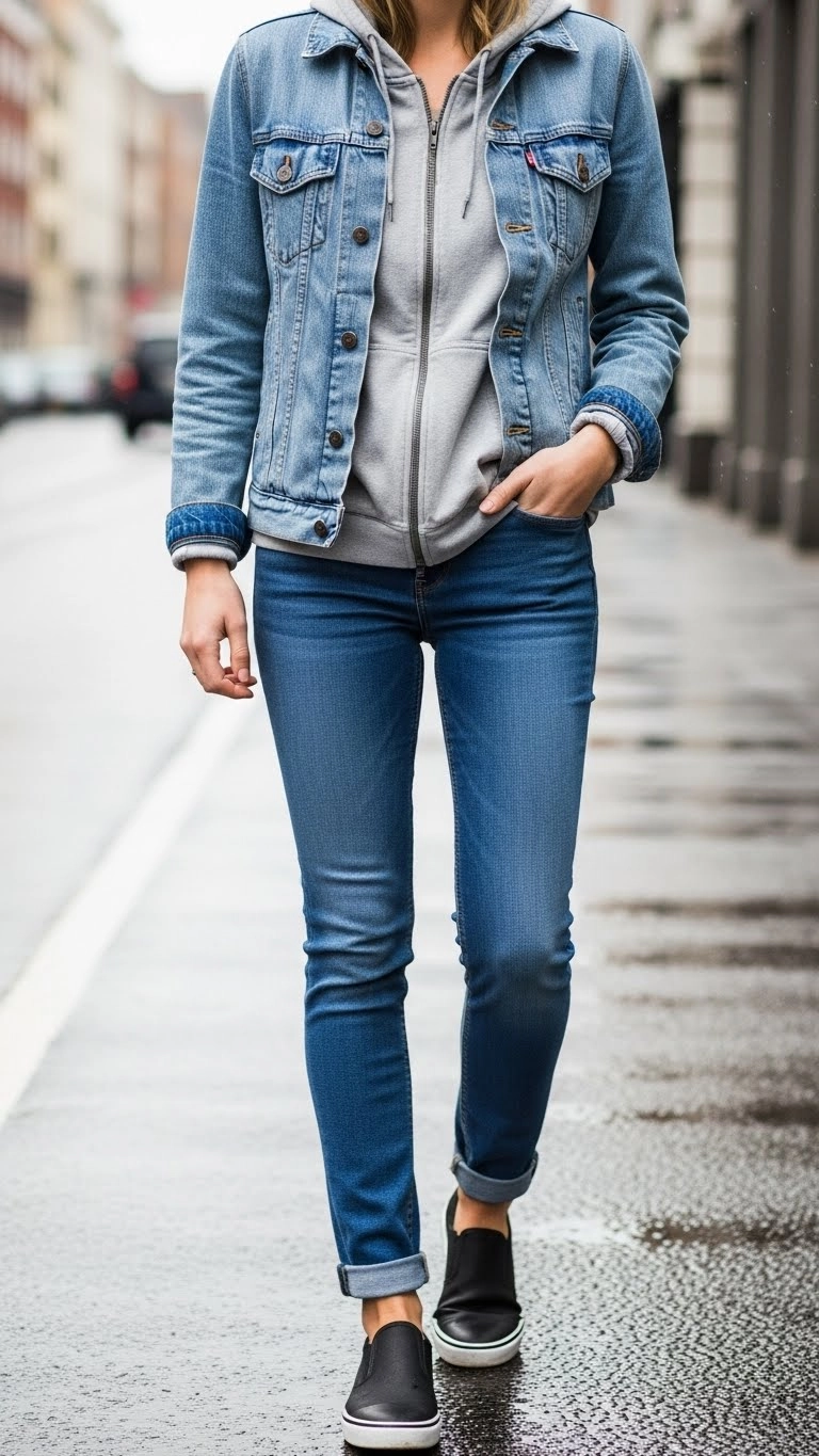 The Denim-Done-Right Rain Outfit

Denim can work in rain if chosen wisely. The problem is heavy denim. Lighter denim with a tighter weave resists water better and dries faster. When paired correctly, denim gives a familiar look that feels normal even on gloomy days.

A light denim jacket worn over a moisture-resistant inner layer provides balance. Slim jeans or denim trousers should not touch the ground to avoid soaking. Rolling the hem slightly can help.

Footwear should always be water-friendly when wearing denim in rain. This prevents the outfit from feeling weighed down. Dark denim works best because it hides wet patches.

This outfit suits casual days, social outings, and short travel. It keeps your style grounded and avoids the overly sporty rain look.