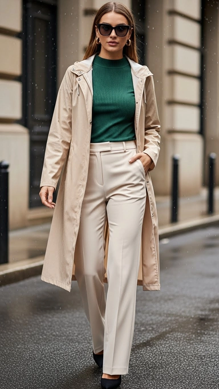 The Longline Rain Coat with Clean Inner Layers

A longline rain coat offers better coverage than short jackets. It protects your thighs and keeps your inner clothes dry when rain gets heavier. This type of coat works best when the inside outfit is simple and close-fitting.

A fitted top and straight-cut trousers prevent fabric from bunching under the coat. The long shape creates a clean line and gives the outfit a polished look. It also reduces the chance of water reaching your clothes when sitting or walking.

The coat should be light and flexible, not stiff. Movement is important on wet days, especially when stepping around puddles or climbing stairs. A coat with a smooth inner lining prevents clothes from sticking.

This outfit works well for professionals, long walks, and days with steady rain. It offers protection without making you feel wrapped up.