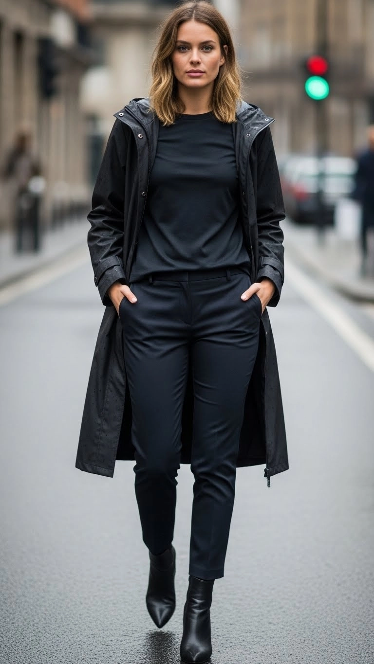 The Monochrome Rain Outfit for Easy Styling

Wearing one color from top to bottom simplifies rainy day dressing. Monochrome outfits hide water marks better and look intentional even when fabrics get slightly wet. Dark shades like charcoal, navy, or deep brown perform well in rain.

A simple top, matching trousers, and a rain-safe outer layer create a clean look. The lack of color breaks makes the outfit appear sharper, even if the pieces are basic.

The advantage of monochrome dressing in rain is low effort. You do not need to think about matching or contrast. Everything works together naturally.

This outfit is ideal for busy mornings, workdays, and travel. It looks calm and controlled, which is helpful when weather feels messy.