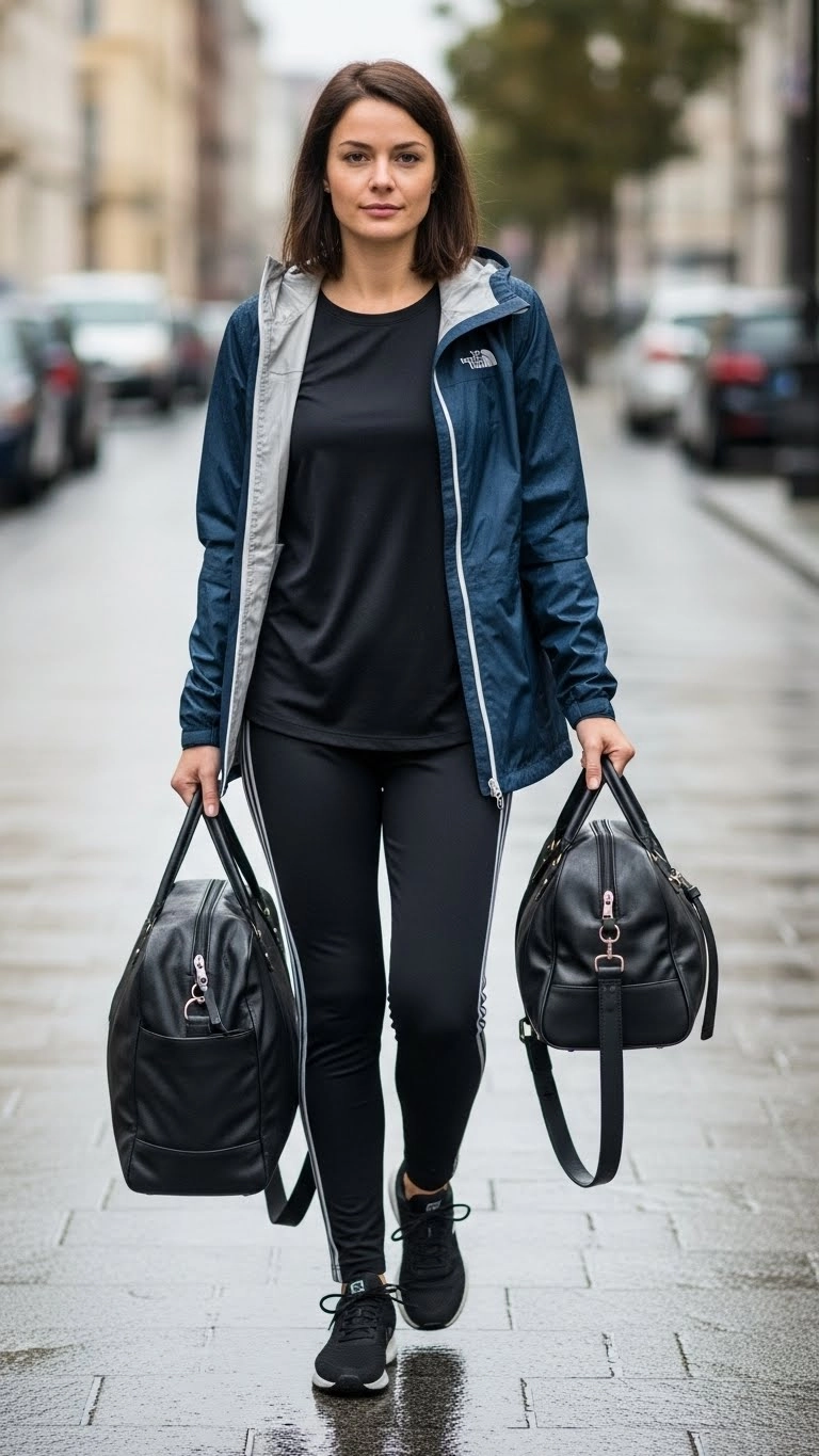 The Travel-Friendly Rain Outfit for Long Days

Travel days in rain are challenging. You move a lot, sit often, and carry bags. The outfit must stay comfortable for hours. Stretch fabrics and layered protection make the biggest difference here.

A flexible top, stretch trousers, and a packable rain layer allow movement without stiffness. The clothes should not wrinkle easily or hold water.

Comfort matters more than appearance on travel days, but this outfit manages both. It stays clean, dries fast, and feels light even after hours of wear.

This setup is ideal for buses, trains, flights, and walking between locations in wet weather.