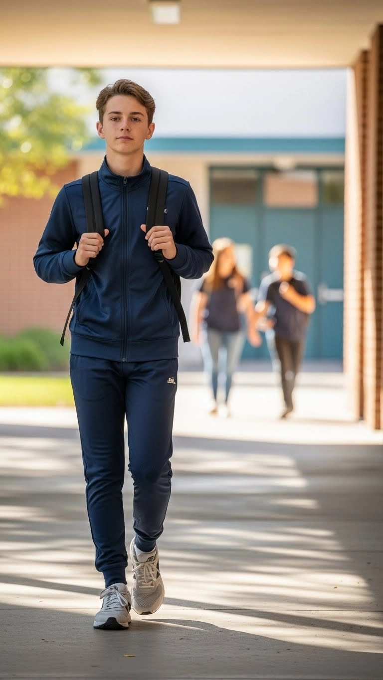 Student wearing a track jacket with joggers as part of athletic and comfortable back to school outfits in a school hallway.