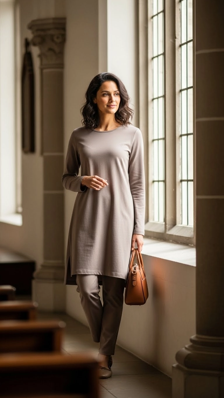 Longline tunic and slim pants styled neatly as relaxed church outfit ideas.