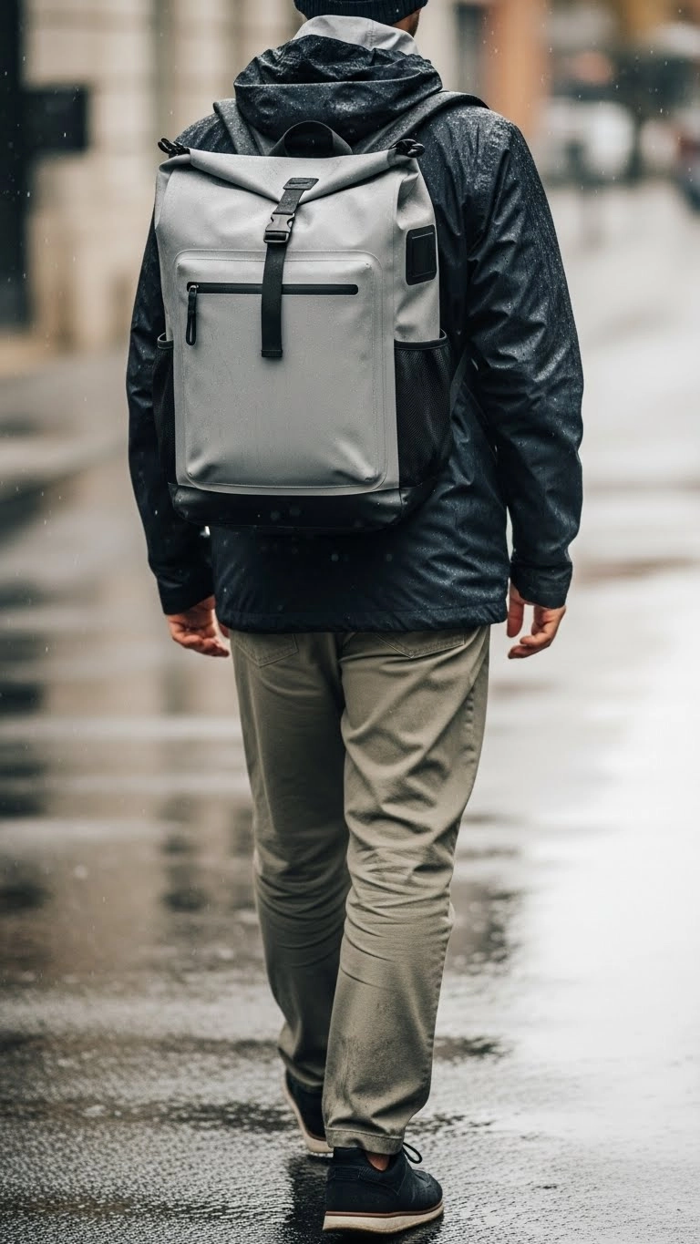 A person carrying a waterproof backpack as part of a rainy day outfit while walking in light rain.